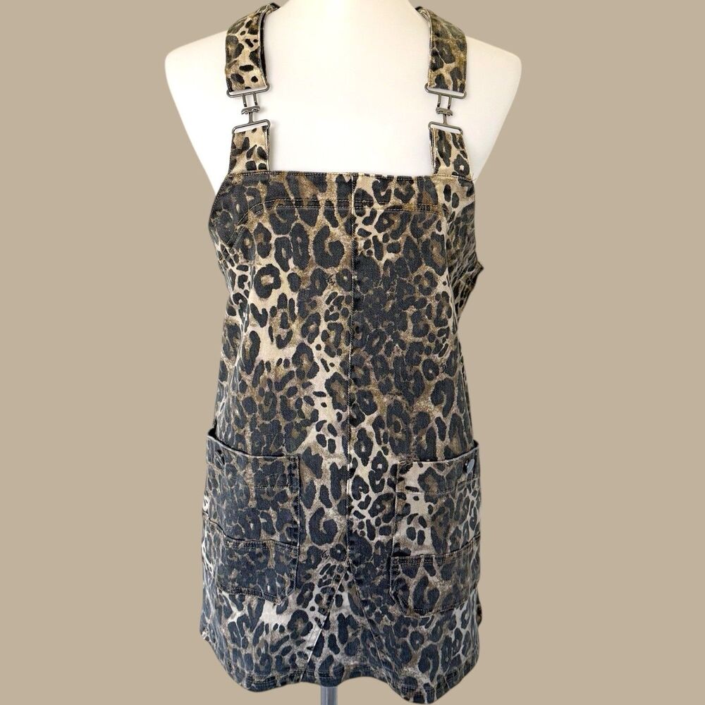Womens Sz S Brown Leopard Print Mini Short Dress Overalls Pockets Stretch Cotton